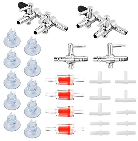 2 PCS 1-Way and 2 PCS 2-Way Air Flow Control Lever Valve Distributor Splitter Aquarium Air Pump Accessories, 4 Check Valves and 10 Fish Tank Suction Cups, 5 T and 5 Straight Connector