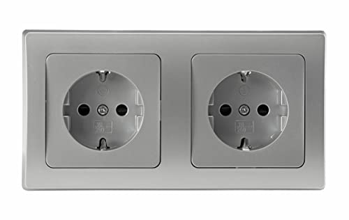 DELPHI - Prise encastrée - Double prise de courant - Prise de terre avec protection de contact accrue - Avec cadre - Couleur : argenté/gris