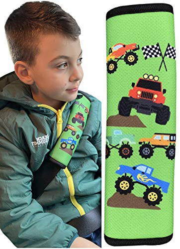 HECKBO 1x Kinder Auto Gurtpolster Gurtschutz mit Monster Truck Motiv - Sicherheitsgurt Polster für Kinder und Babys- Ideal für jeden Gurt Autositzerhöhungen Kinder Fahrradanhänger Flugzeug Jungen