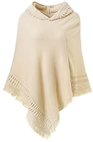 Ferand Damen Poncho mit Kapuze und gehäkeltem Cape mit Fransensaum für Herbst Winter - One Size - Beige