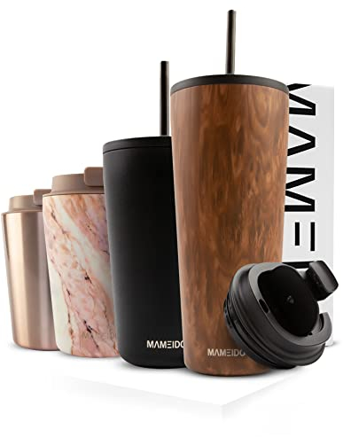 MAMEIDO Thermobecher mit Strohhalm 470 ml, Trinkbecher mit Deckel und Strohhalm aus Edelstahl doppelwandig isoliert, auslaufsicher, Coffee to go Becher (Oak Wood)