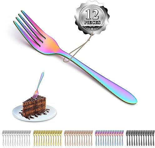Kyraton Regenbogen Dessertgabeln 12 Stück 14cm Edelstahl Titan beschichtet Regenbogen Kuchengabeln, Obstgabeln, Gabelsilber, Hochglanzpoliert Spülmaschinenfest