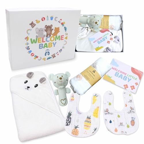 Cantoblanc® Canastilla Bebé Recién Nacido | Cesta Regalo Nacimiento Unisex | Muselina Bambú 120x120 cm, Toalla Capucha, 2 Baberos, Sonajero y Tarjeta | Baby Shower Niño Niña