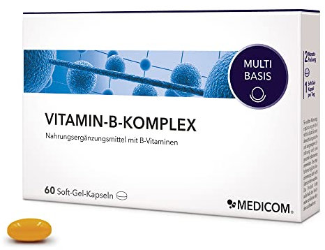Medicom – Vitamin-B-Komplex-Kapseln, Gesunde Herz-Kreislauf-Funktion, Energie & Nervenstärke, Nahrungsergänzung mit allen acht lebenswichtigen B-Vitaminen wie Folsäure