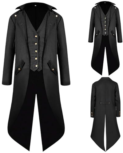 NFAOEGJ Men Medieval Tailcoat Steampunk Victorian Costume Mens Medieval Gothic Vintage Jacket Halloween Costum (Black, S)