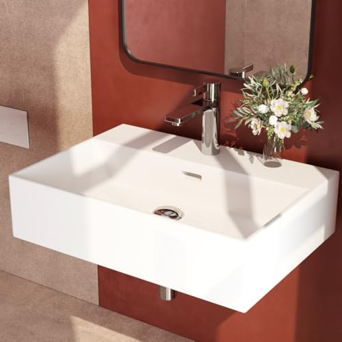 EMKE Waschbecken Eckiges Design Handwaschbecken, Hochwertige Keramik Hängewaschbecken mit dünnem Rand, Waschtisch Für Badezimmer Gäste-WC (515x365x130mm, Weiß)