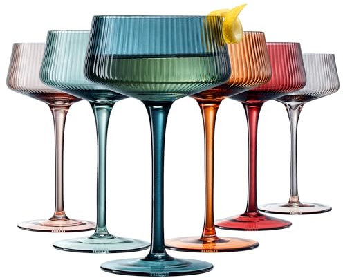 Khen Colored Vintage Art Deco Coupe Glasses - Martini, Cocktail & Champagne Glasses | Set of 6 | Pastel Muted Crystal Cocktail Glassware, Goblet Cocktails, Stemmed Ribbed Gift - Full Ripple Set