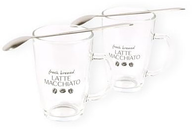 Lot de 2 verres à latte macchiato de luxe avec 2 cuillères - 2 verres de 300 ml - Passe au micro-ondes - Verre durable - Café - 12 cm x 8 cm - Passe au lave-vaisselle - Idéal pour les boissons chaudes