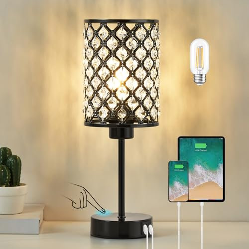 GyroVu Lampe de Table Cristal avec Ports USB-C/A - Lampe de Chevet Tactile 3 Niveaux Lumière - Abat-Jour Cristallin pour Chambre de Fille & Salon - Inclut Ampoule(noir)