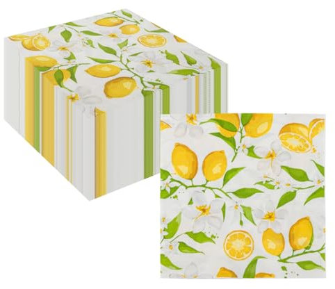 120PCS Lemon Paper Napkins, CEILIWEN Disposable Tropical Themed Party Napkins, Lemon Serviettes, Yellow Citrus Fruits Tissues Napkins, Colorful Serviettes for Table Decorations, 33x33cm