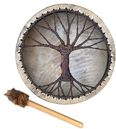 Msiud Tambors Siberiano,Tambore Chamánico Nativo, Tambor Chamánico, Piel Sintética Hecho a Mano, Música Espiritual Madera Vintage Sanador Sonido Instrumento Percusión Piel Sintética Con Baqueta