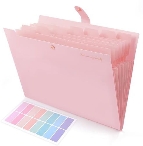 SKYDUE Expanding File Folder, Accordion File Organizer with 8 Pockets, Expandable Document Paper Receipt Holder for School Office Hospital, Letter/A4 Size Pink