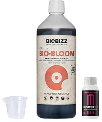 GROWMANIA Bio Bloom di BioBizz 1L + Campione Boost Up Nutrients + Misuratore | Biobloom Fertilizzante biologico per la fioritura completa | Adatto a tutti i tipi di piante