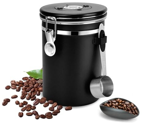 DIYJEP 2Pcs Airtight Coffee Canister Set with Coffee Dosing Cup Set, 1800ML Stainless Steel Coffe Beans Storage Jars with 30ML Measure Spoon, Date Tracker, and Co2-Release Valve for Tea Sugar (Black)