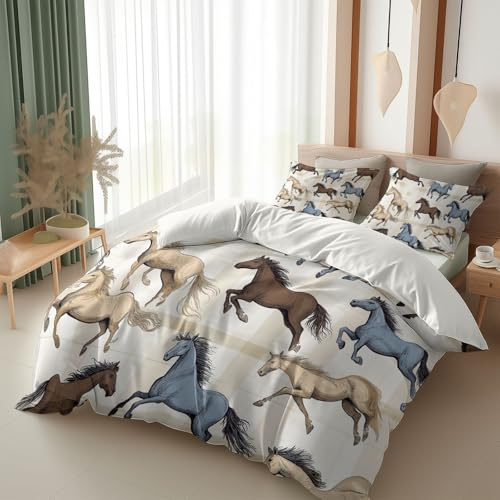 Srigzcaly Cot-bed Cartoon hand drawn horses Duvet Cover Set, Ultra Soft Warm Comfy Bedding for Teenage Girls Boys Kids, White Reversible Quilt Covers with Pillowcases - Easy Care