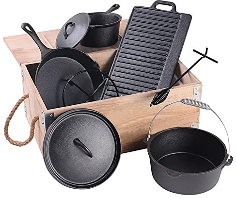 Set di 7 pentole in ghisa Resistente per Forno Olandese con Contenitore Vintage per Cucinare in Campeggio, Pre-stagionate
