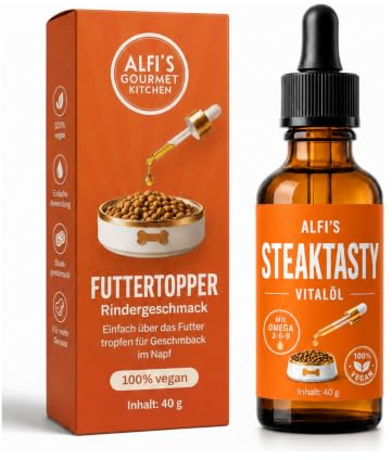 Alfi's Vitalöl Appetitanreger für Hunde & Katzen Steak Aroma – Geschmacksöl zur Unterstützung der Futterakzeptanz – mit Omega 3-6-9 aus Leinöl, Olivenöl & Nachtkerzenöl – 140 Portionen