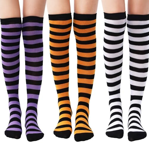 WEITAPYT Randiga Overknee strumpor, 3 par långa randiga strumpor, knästrumpor halloween, ränder överknästrumpor, lämpliga för halloween cosplay festdräkter, en, 35 EU