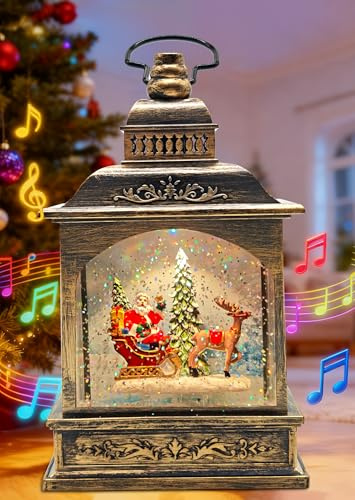 2026 Musical Christmas Snow Globe Lantern, USB & 3AA Powered, Rotating Water Swirling Glitter with 6H Timer, Vintage Christmas Decor for Home/Indoor Santa & Reindeer Scene with Projector Lights