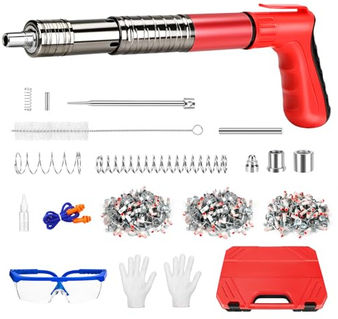 Pistola per unghie manuale, 100 chiodi rotondi + 100 morsetti per tubi, 5 marce, pistola per chiodi regolabile, portatile, silenziosa, per acciaio e cemento, attrezzatura di protezione inclusa