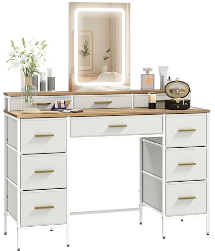 HOMCOM Tavolo da toilette con specchio e luci LED a 3 colori, tavolo da trucco con 10 cassetti in tessuto, gambe in acciaio, stile moderno, 118,5 x 39,5 x 140 cm, effetto legno naturale