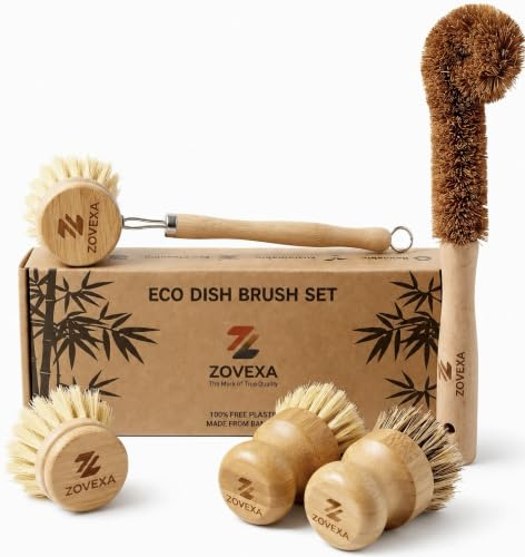 ZOVEXA Bamboo Dish Brush Set - Natural Sisal Kitchen-Scrubbers for Plate, Glass, Bottle & Frying Pan - Sustainable Wooden Washing Up brushes with Replacement Head - 100% Plastic-Free-Non-Toxic 5 Pack