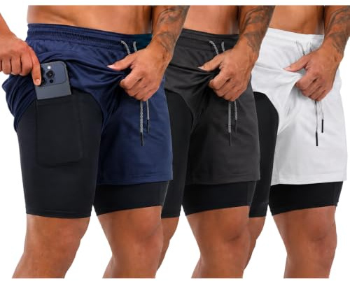 Pack de 3 Pantalones Cortos Hombre Deporte 2 en 1 con Malla integrada | 4 Bolsillos, Cinta Trasera Portatoallas, Resistentes, Transpirables, de Secado Rápido, Gym, Crossfit, Running, Padel