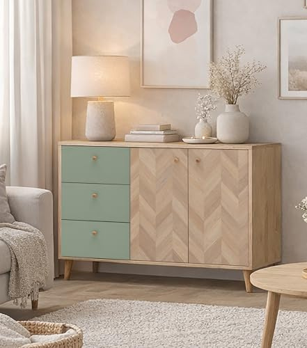 Schildmeyer Visby Sideboard 160934 Eiche hell Dekor/Pistazie/Fischgräten Dekor, 109 x 33 x 73,9 cm