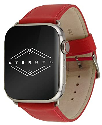Eternel – Holi Armband strahlend – Kompatibel mit allen Apple Watch Modellen – 45/46mm – Handgefertigt in Frankreich – Pflanzlich gegerbtes Leder – Rouge – Adapter in acier inoxydable