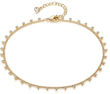 LOYATA Dainty Ankle Bracelet,14K Gold Plated Tiny Bead Anklet Dainty White Cubic Zirconia Cross Tassel Foot Chain Cute Lucky Moon Evil Eye Foot Jewelry Boho Anklets for Women (Bead A)
