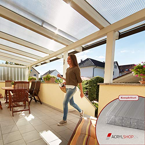 Acrylshop24 Terrassendach Terrassenüberdachung Carport Komplettset Polycarbonat 16mm X-Struktur Stegplatten farblos 16mm Stegplatten Tiefe:2500mm|Breite:3090mm - Mehrere Maße verfügbar