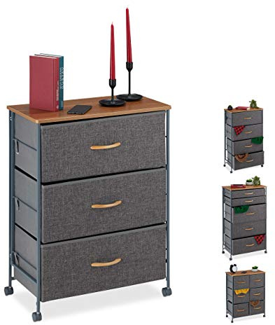 Relaxdays Schubladenschrank mit Rollen, 3 Stoff Schubladen, Deko Stoffschrank, Holzoptik, HBT 74,5 x 58 x 30 cm, grau | Deko Stoffschrank, Holzoptik, HBT 74,5 x 58 x 30 cm