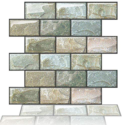 Yoillione 10 Sheets Self Adhesive Wall Tiles for Kitchen Backsplash, Vinyl 3D Stick on Green Brick Stickers for Bathroom, Waterproof Subway Tile Transfers