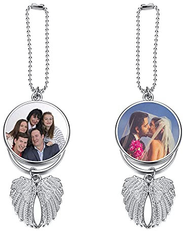 PiercingJak Photo Personnalisé Ornement Suspendu de Voiture Ailes Pendentif Décoration de Voiture Retroviseur Cadeau Saint-Valentin Anniversaire Fête Bijoux Femme Homme Alliage Argent