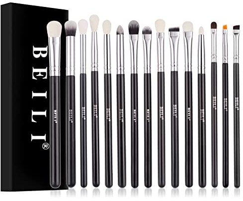 BEILI Professional Eye Makeup Brush Set,15 Pieces Synthetic and Natural Hair Eyeshadow Eyeliner Eyebrow Blending Concealer Make up Brushes (Black/Silver)