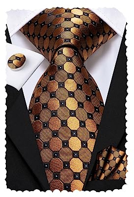 Hi-Tie Men Ties Sets Silk Stripe Paisley Necktie Pocket Square Cufflinks for Business Wedding,Gold Brown