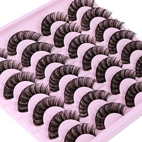 JIMIRE Russian Strip Eyelashes Cat Eye Volume Eyelashes Natural Look Like Eyelash Extensions Fluffy D Curly Thick Faux Mink Hybrid Lashes 14 Pairs Pack