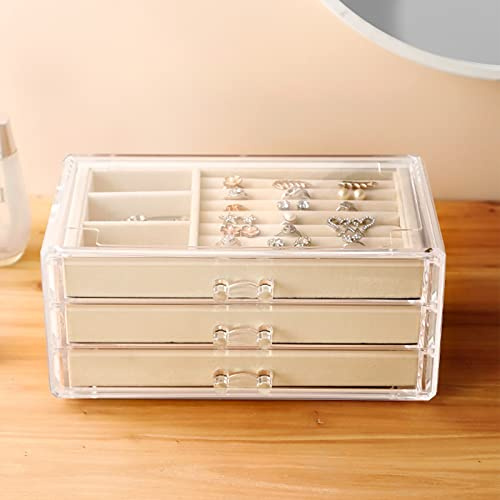 RMAN Boite a Bijoux pour Femme Rangement Bijoux en Acrylique Transparent avec 3 Tiroirs et Poignées pour Montres, Boucles d'Oreilles, Colliers, Bagues - Beige
