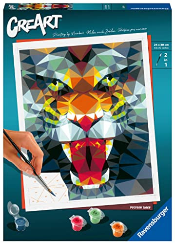Ravensburger CreArt 23514 - Polygon Tiger - Malen nach Zahlen Erwachsene, DIY Malset mit Pinsel und Acrylfarben, Geschenk für Frauen und Männer, Malen für Erwachsene