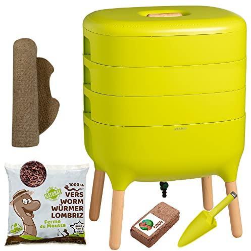 Moutta | Urbalive 3 Schalen Grün, Komplettset I Design Wurmkomposter I 500g Kompostwürmer / 1000 STK. I Startersubstrat I Hanfmatte + Schaufel I Innenraum, Balkon und Garten