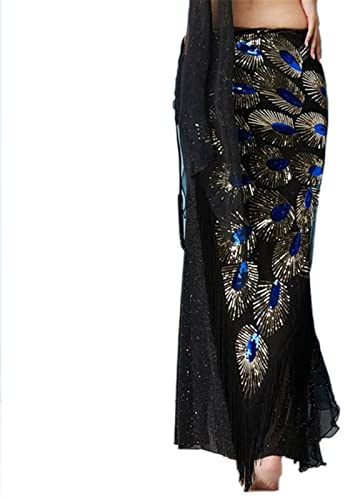 QUNINE Bauchtanzgürtel für Damen, Hüfttuch, Damen-Bauchtanzkleidung, Lange Fransen, Paillettengürtel, Hüfttuch, Wickelrock (blau, Einheitsgröße)