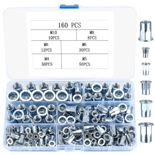 160 Pcs Rivet Nuts, Threaded Insert Nutserts Kit, Flat Head Threaded Insert Nutsert Rivnuts Assortment Set for Automotive Furniture, Assorted Metric M4 M5 M6 M8 M10, Blue Zinc