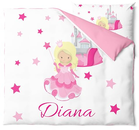 Pictogogo Ensemble de Parure de Lit Personnalisable avec Nom pour Bébé et Enfant - Animaux, Housse de Couette Zippée et Taie d'oreiller Incluses - Cadeau Unique (Princesse, 80 x 120)