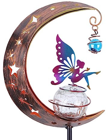 BomKra Solar Garden Ornaments Outdoor Fairy Solar Light Moon Star Crackle Glass Ball Stake Metal Lights Decorative Waterproof Warm White LED for Garden Pathway Lawn Patio Grave (C)