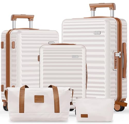 SHOWKOO Luggage Sets 3 Piece Hardside Expandable Suitcase with Double Spinner Wheels Tsa Lock, (Beige White, 5 piece set)
