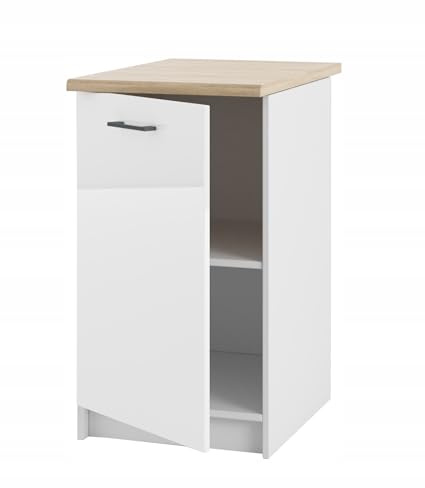 Laclar Unterschrank mit Arbeitsplatte 45 cm - stehende Türenschrank -aus MDF und weiß Acryl Glanz - zum Selbstaufbau, universell -mit der Möglichkeit - die Tür nach Links oder rechts zu öffnen