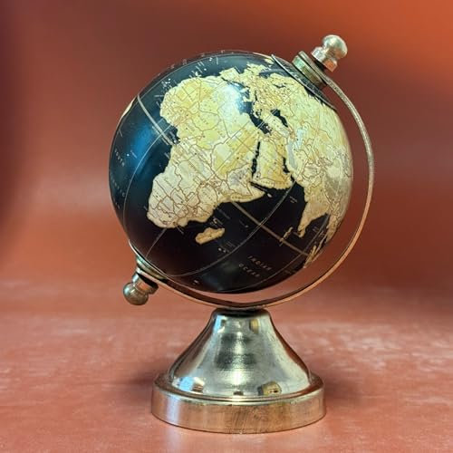EXERZ Mini Globo Terráqueo Decorativo de 8 cm - Mapa en Inglés, Base de Bronce, Diseño Artesanal (Color Negro)