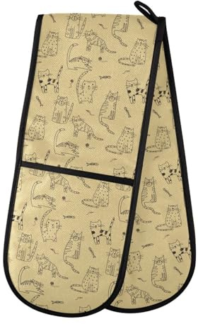 Doppelte Ofenhandschuhe, niedliche Katzen, gelbes Muster, hitzebeständig, Topflappen, Ofenhandschuh, Handschuhe für Grillen, Kochen, Backen, Grillen, Mikrowelle