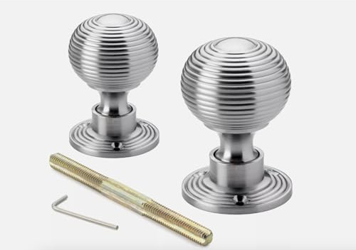 AB Hardware 1 Pair of Satin Chrome Beehive Rim Mortice Reeded Door Knobs Knob Pair Brass