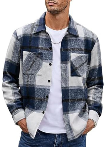 Oanviso Chemise à Carreaux Homme Manches Longues Chemises en Flanelle Vintage Chemise Outwear Oversized Blousons Décontracté Veste avec Boutons pour Automne Hiver